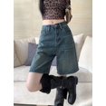 thumbnail image 2 of Pantalones cortos desgastados de pierna ancha lavados de cintura alta Vintage Jeans mujeres americano recto Denim Y2k longitud corta ropa informal suelta, 2 of 5