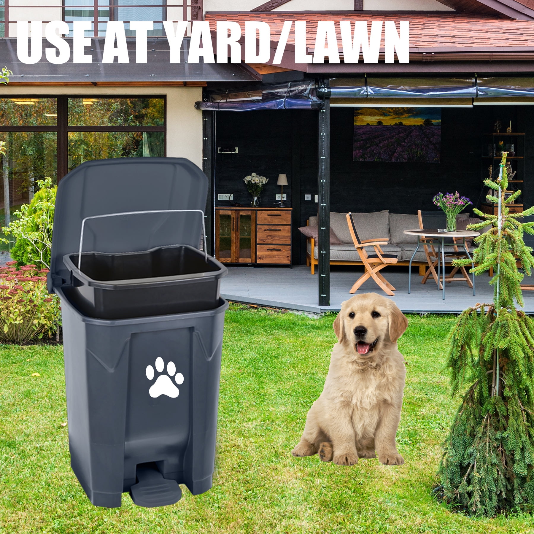 Dog Poop Trash Can Outdoors Pet Waste Station with Lid:15L Plastic Dog Poop Disposal Container with Removable Inner Bin Bucket Foot Pedal Type Garden Yard Home with 5Rolls Waste Bags, Grey