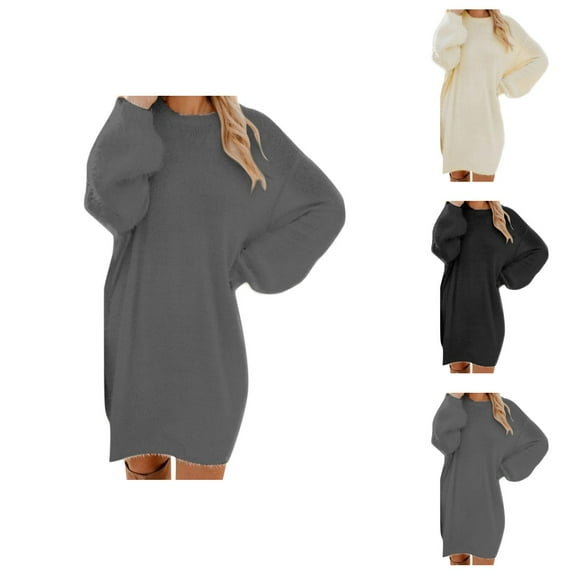 Fall Sweaters for Women Solid Color Crewneck Long Sleeve Knit Sweater Dress Warm Winter Casual Fashion Comfortable Outfit