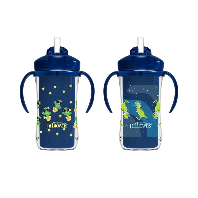 Dr. Brown's Milestones Vaso aislante con pajita y asas, vaso a prueba de derrames con tapa, paquete de 2, azul, 10 oz/300 ml, sin BPA, 12 m+