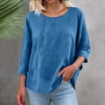 thumbnail image 6 of LangJing Women's Long Sleeve Cotton Linen Tops Summer Casual Round Neck Tunic Top Loose Fit Comfy Dressy Blouses with Pockets Blue,M, 6 of 7