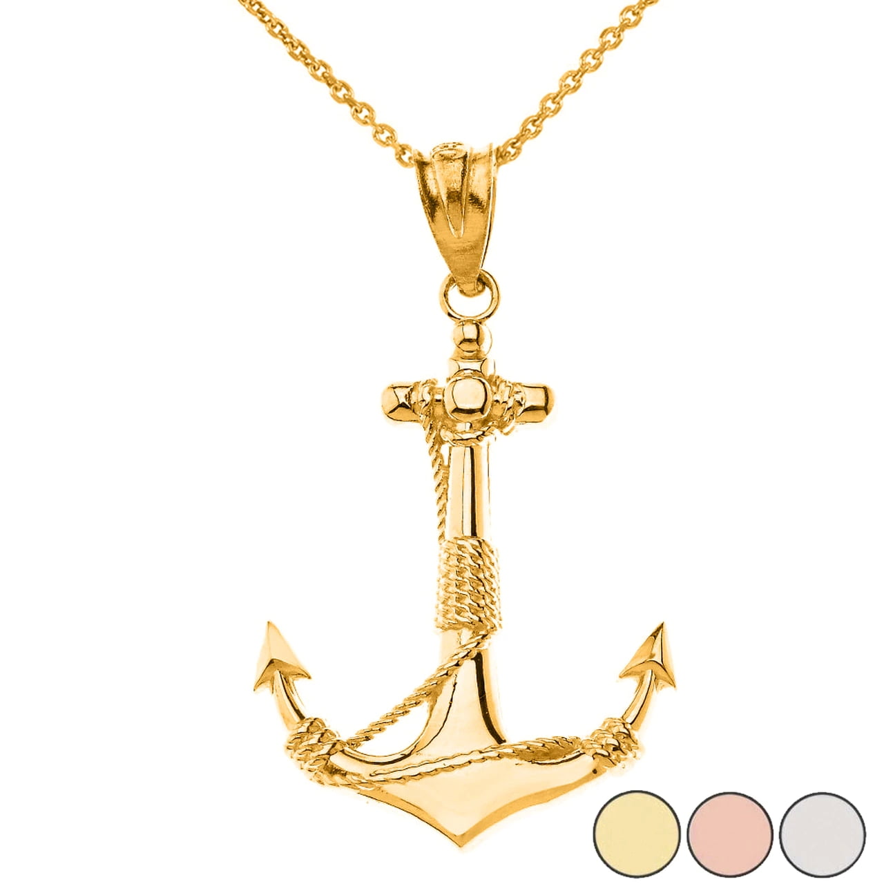 Anchor Cross Nautical Charm Pendant with Chain Necklace 14K Solid White Gold 