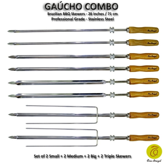 Gaucho Combo - Set of 8 - Brazilian Skewers for BBQ 28" - Professional Grade