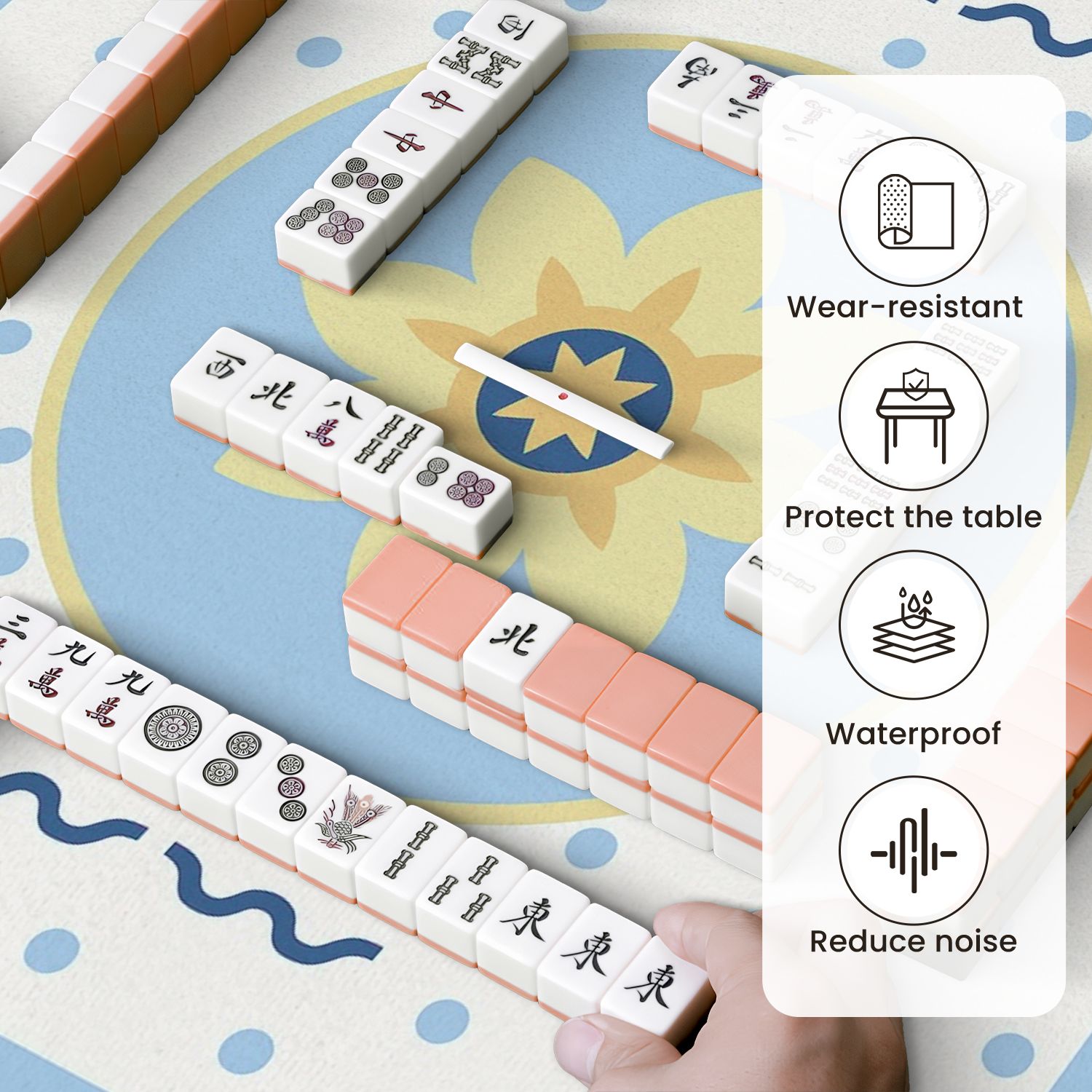 Mahjong Mat 31.5" x 31.5" Abstract Floral Soft Blue Yellow Anti-Slip and Noise Reduction Symmetry Design Mahjong Tiles Table Cover for Dominoes Poker Card Board and Tile Games