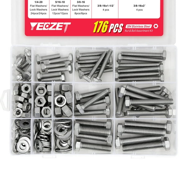 YEEZET 176PCS 1/4-20 5/16-18 3/8-16 Screws Assortment Kit 304 Stainless Steel Heavy Duty Bolts and Nuts Lock Flat Washers for Garage Door