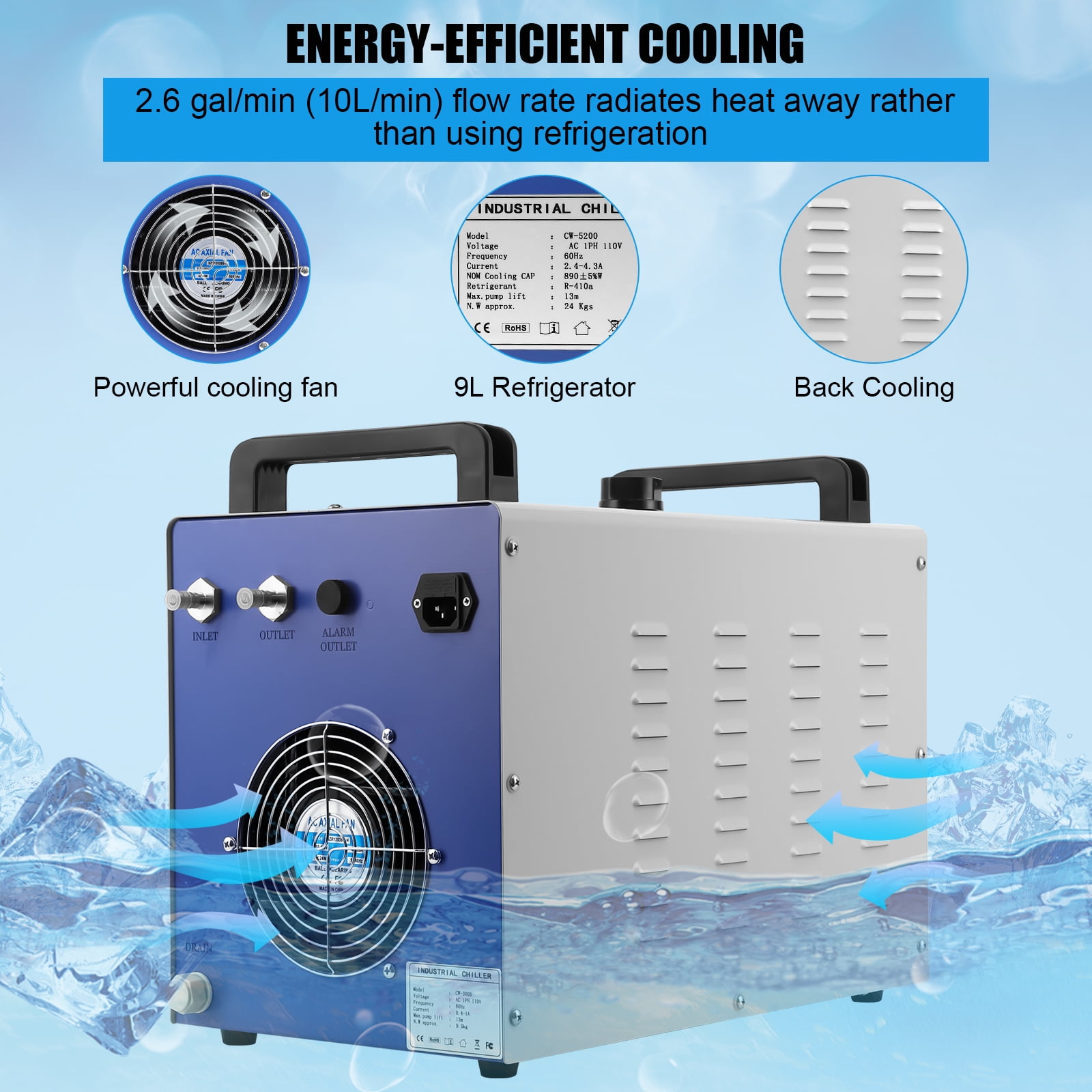 Industrial Water Chiller, 110V 9L Industrial Water Cooling Chiller, 2.6GPM FlowRate Water Cooling System, CW-3000 Thermolysis Water Chiller, Water Cooler for 40-80W CO2 Laser Engraving&Cutting Machine