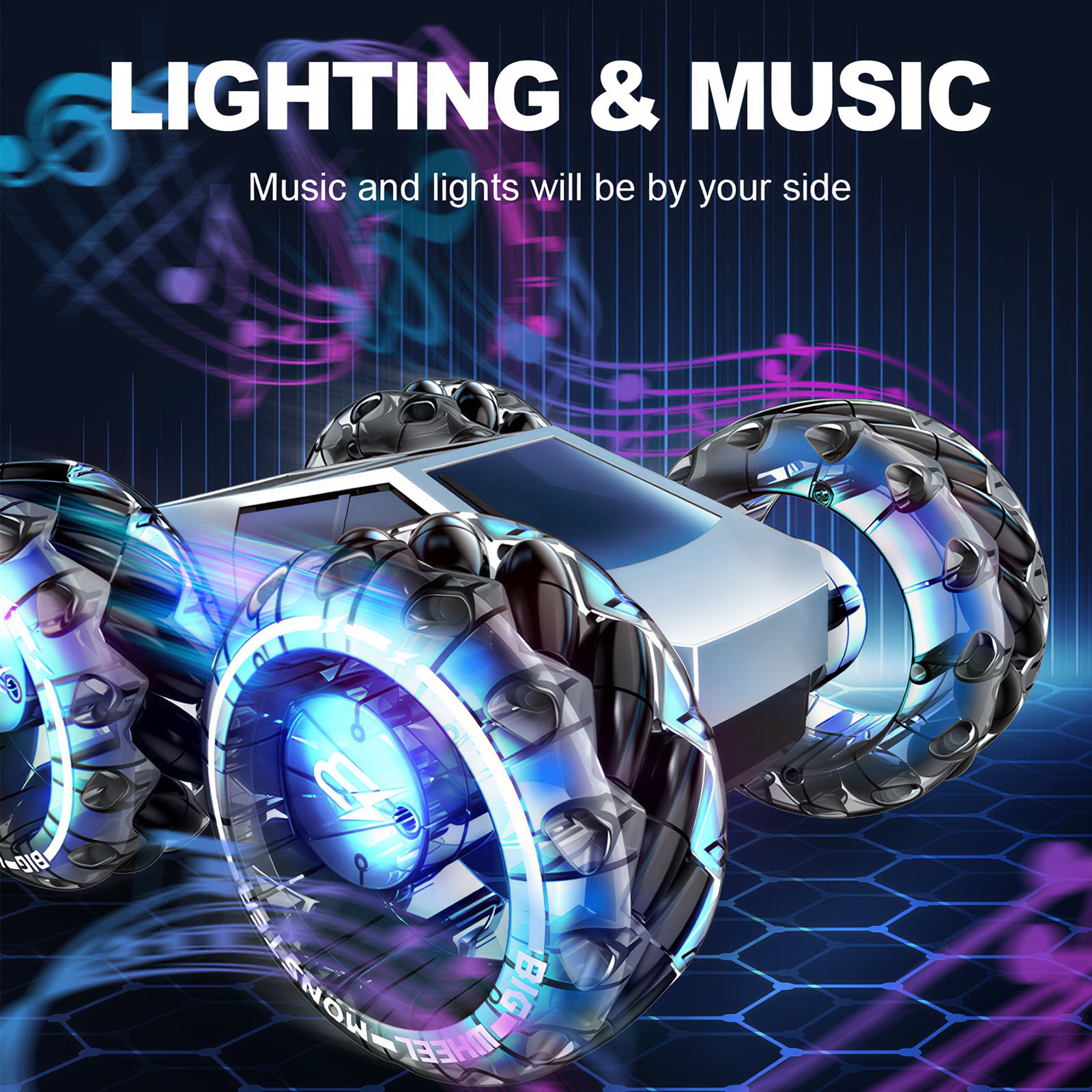 Vecukty RC Car Truck, 1:10 Giant Wheel Sense of Technology Car Off Road, High-Speed Climbing and Colorful Gradient Lights with Music, Christmas Birthday Gift for Kids