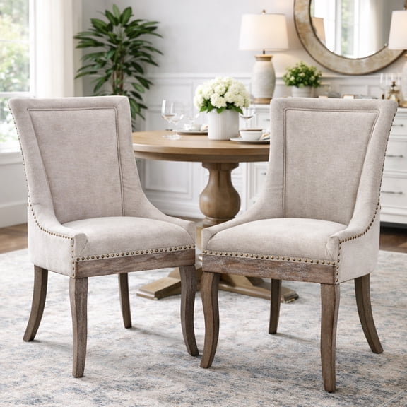 Dining Chairs Set of 2, LEGAHOME Beige Fabric Upholstered Dining Chairs, Mid-century Kitchen Chairs with High Back, Bronze Nail Head, Solid Wood Legs, Beige, 2 Pcs
