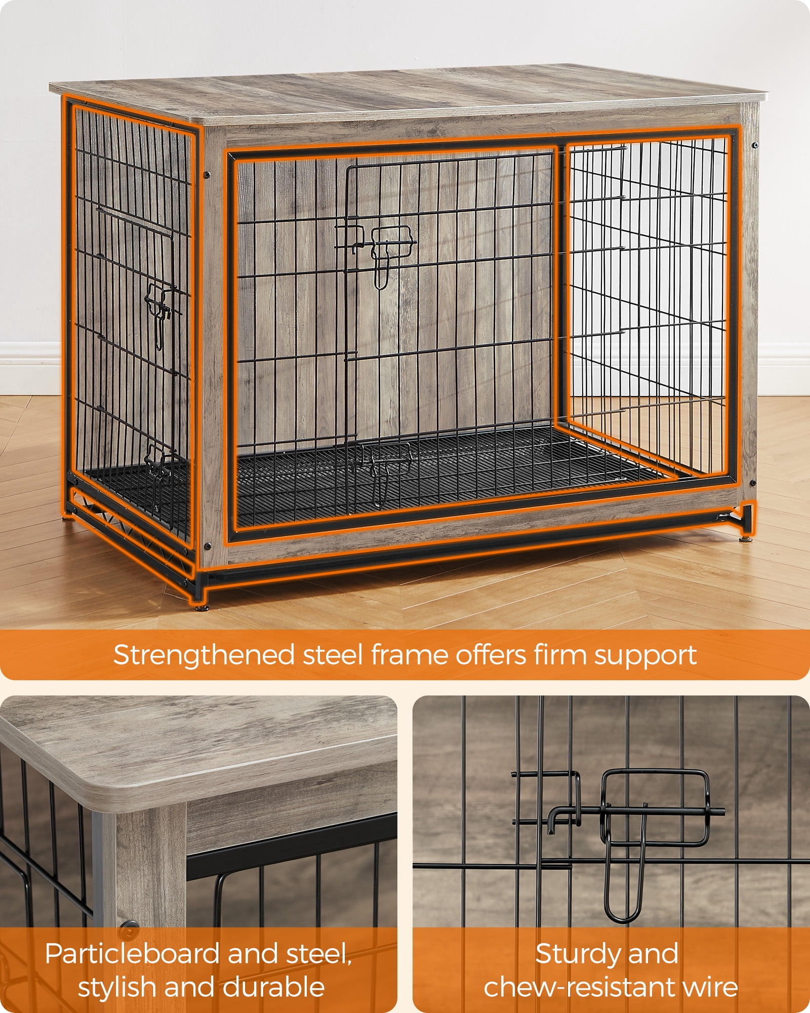 Wooden Dog Crate Furniture,Double-Doors Kennel for Dogs Indoor up to 80 lb, Removable Tray, End Table Dog Crate for Decoration 44.1"L x 29.5"W x 32.3"H, Greige