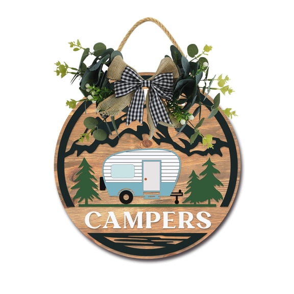 Happy Campers Front Door Sign Funny Wreaths Hanging Wooden Plaque Decoration Round Rustic Wood Farmhouse Porch Decor for Home Front Door Decor, 12 x 12 Inch