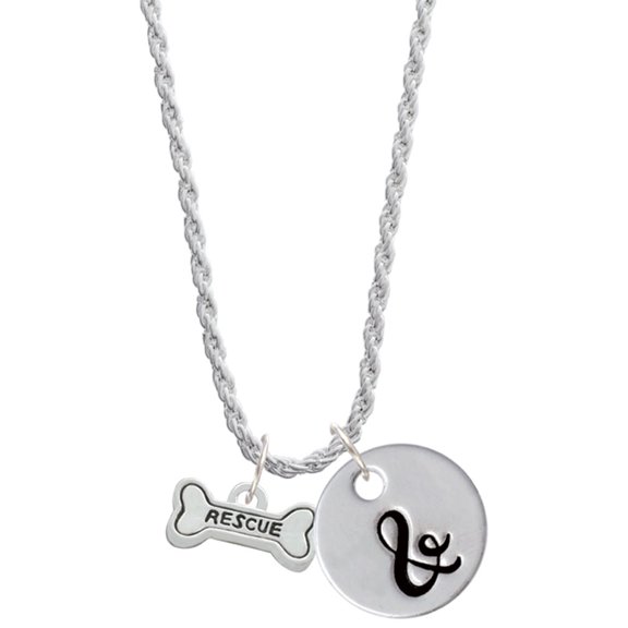 Delight Jewelry Silvertone Mini ''Rescue'' Dog Bone Silvertone Script Initial Disc - & - Charm Necklace, 20"+3"