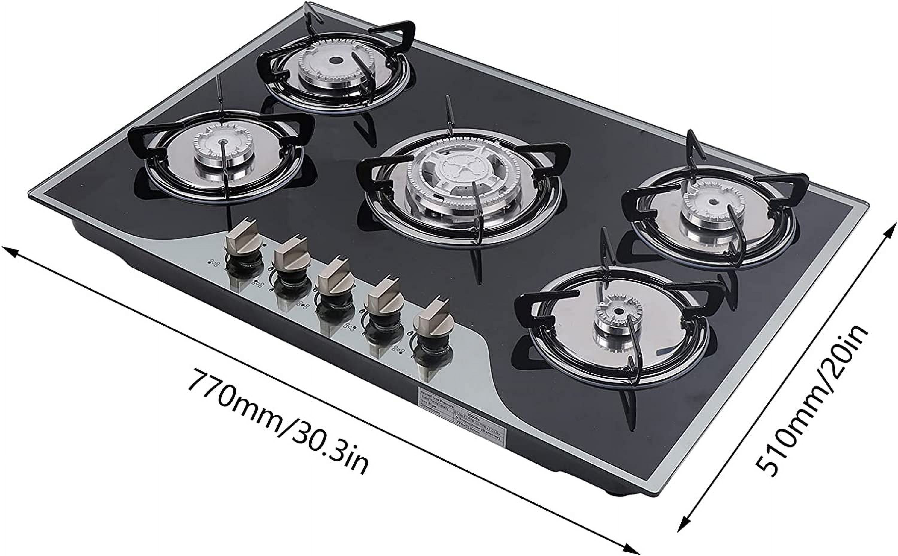 Miumaeov Gas Cooktop Stove Build-in 5 Burners 8 mm Tempered Glass Battery Pulse Ignition