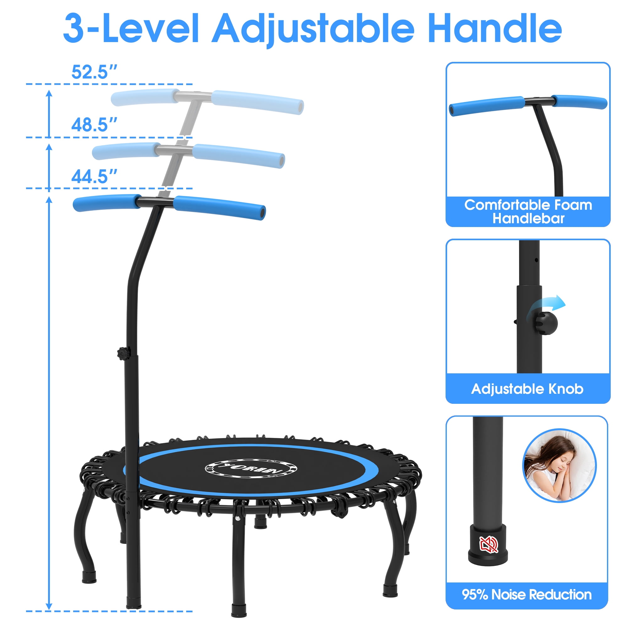 YORIN Rebounder Foldable Trampoline for Adults, 330LBS Fitness Indoor Trampoline, 48" 40" 50" Mini Exercise Trampoline with Bungees, 3 Level Adjustable Foam Handle Bar, Stable Quiet Small Trampoline