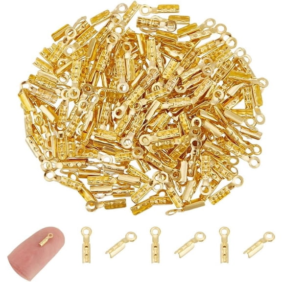 200Pcs Fold Over Ends Cord End Caps Brass Folding Crimp Ends Metal Crimps Ends Golden Fold Over Cord Ends Terminators Clamp Jewelry Making