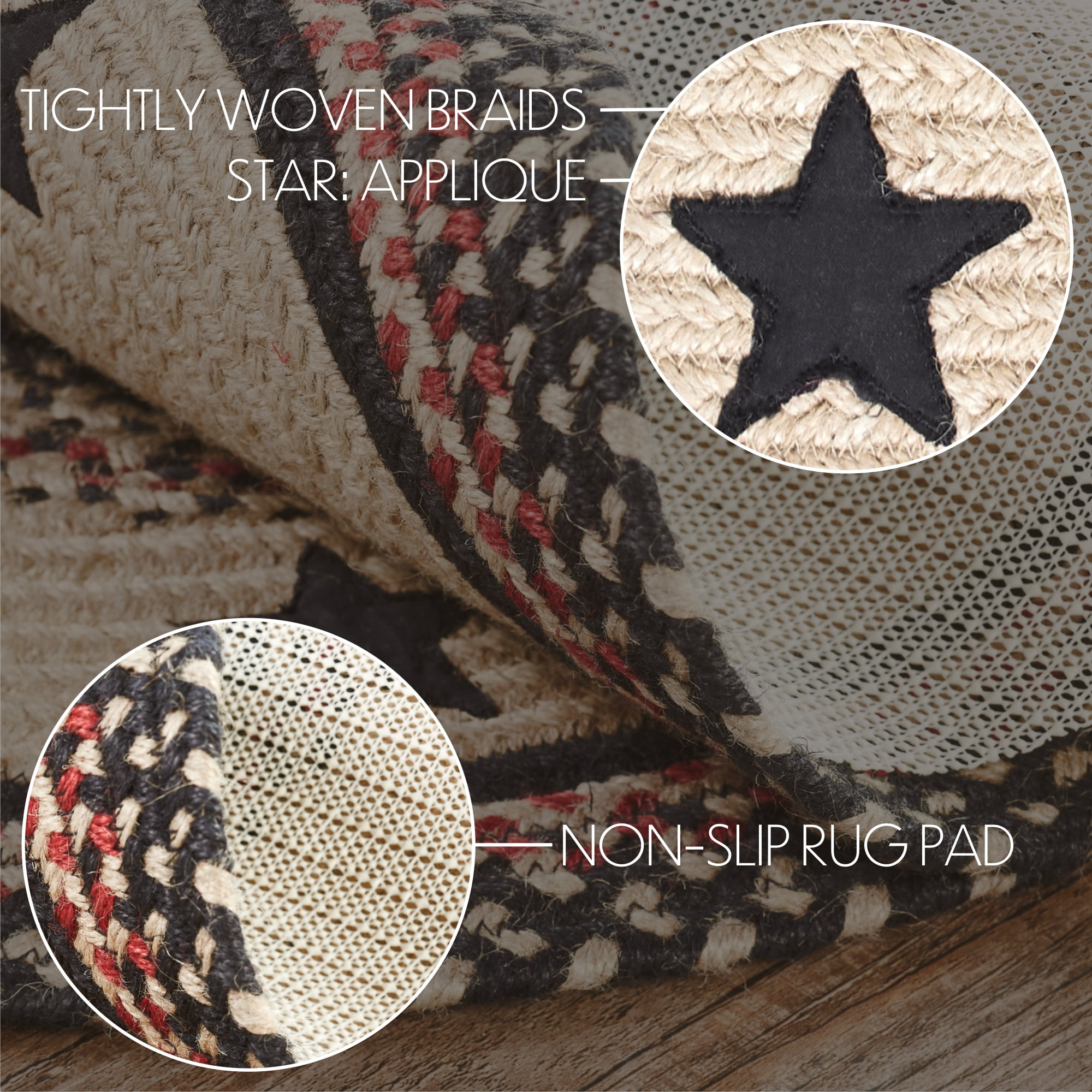 VHC Brands Colonial Star, Braided Jute Runner Rug, Non-Skid Pad, Rectangle, Tan Red Black, 24x96