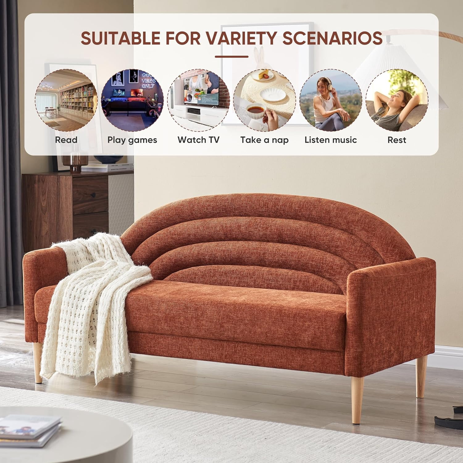 Zanmintaobo 63.8" Mid-Century Modern Loveseat,Tufted Rainbow Back Linen Upholstered Small Couch for Living Room & Apartment,700 LBS Capacity,Ocher
