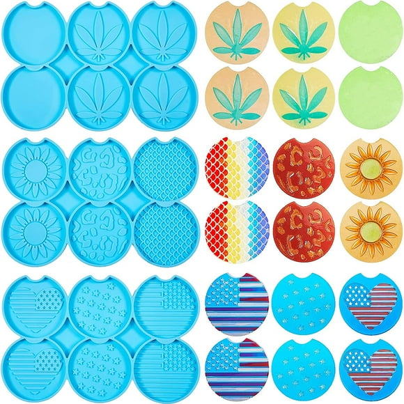 3 Sets 18 Pieces Car Coaster Resin Molds Round Coaster Silicone Mould Star Sunflower Leaf National Flag Leopard Pattern Glossy Mould DIY Epoxy Casting Polymer Mold for Decoration Craft