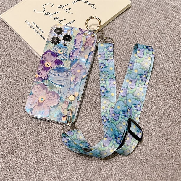 Funda de teléfono con cordón y correa de muñeca, carcasa con flores brillantes para iPhone 13, 14, 12, 11 Pro Max, X, XR, XS Max, 7, 8 Plus, SE 2020 Fivean unisex