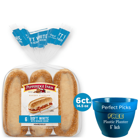 Pepperidge Farm Bakery Classics Soft White with Sesame Seeds Hoagie Rolls, 6-Pack Bag, ‌Includes 1 Plastic Planter
