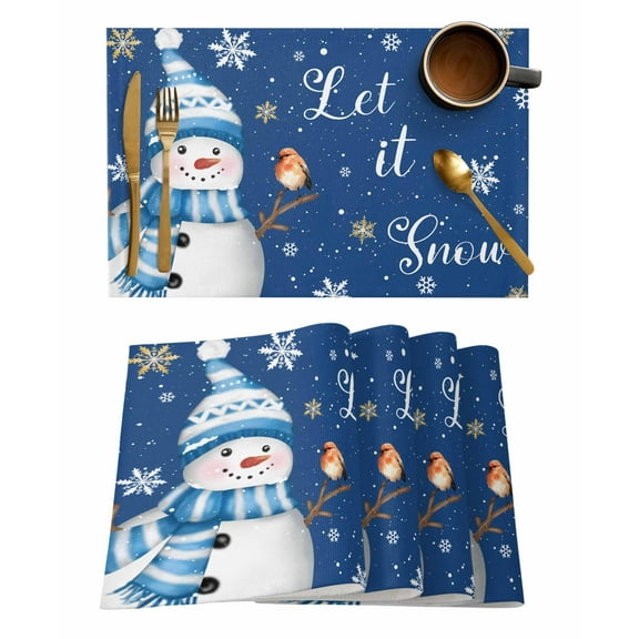 Placemats Set of 4, Navy Blue Snowman Christmas Woven Placemat, Linen Place Mats for Kitchen/Dining Tables, Xmas Snowflake Birds Washable Table Mats for Party