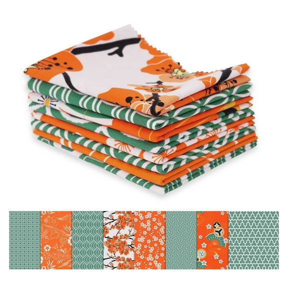 Soimoi 8 Pc Fat Quarter Bundle,Asian JapanesePrint 18"x 22"DIY Patchwork-100% CottonPre-Cut Quilting Fabric Green & Orange