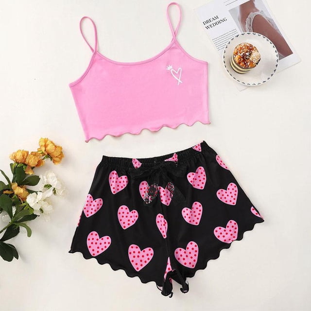 Pyjama d'Été à Imprimé Cœur pour Femmes, Haut Cami et Shorts, 2 Pcs, un Ensemble Confortable avec Shorts