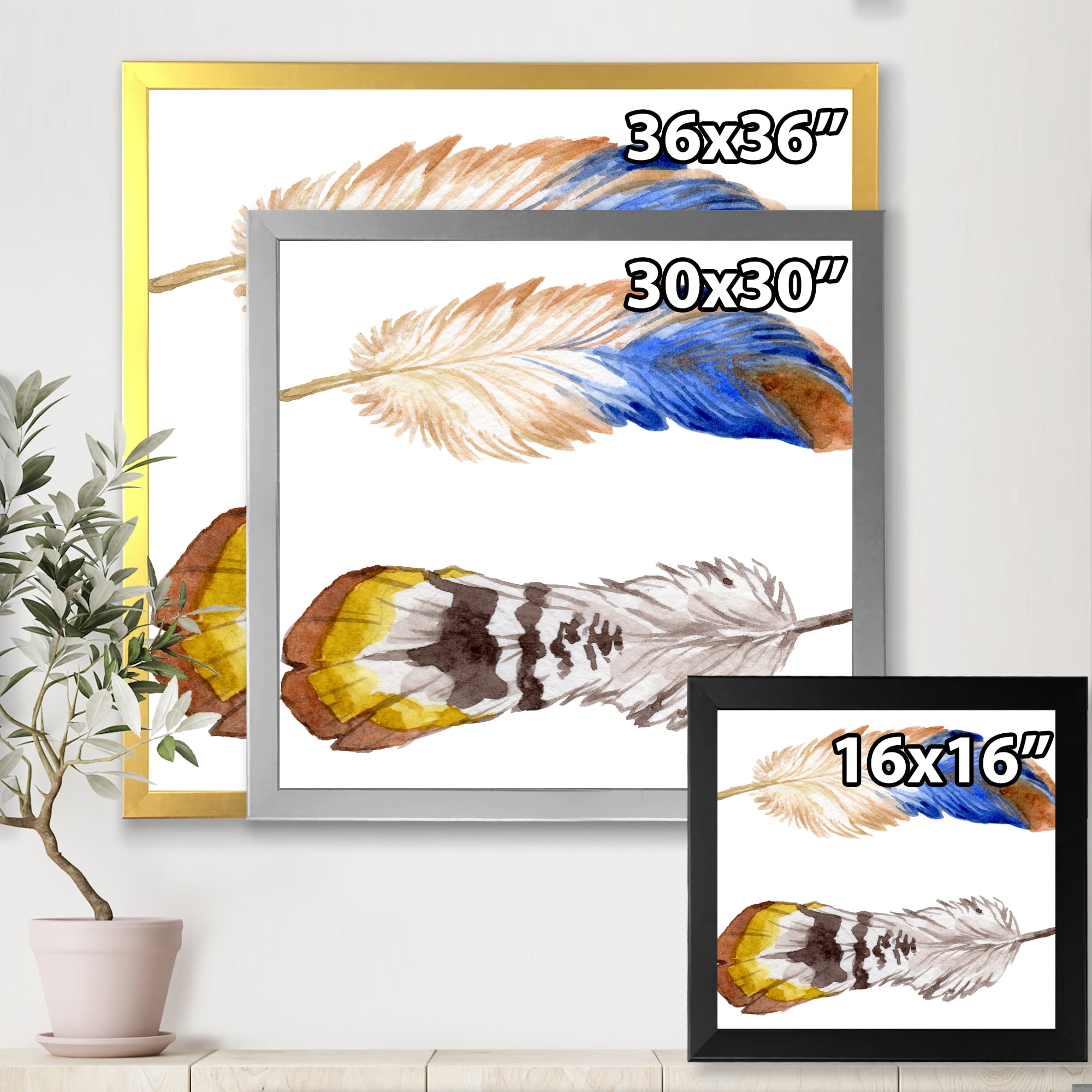 Designart 'Colourful Boho Art Feather Set III' Bohemian & Eclectic Framed Art Print