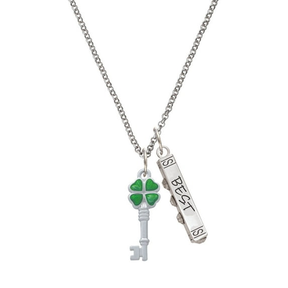 Delight Jewelry Silvertone Translucent Green Lucky Four Leaf Clover Key Silvertone Best Friends Forever Bar Charm Necklace, 23"