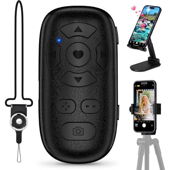 Wireless Camera Remote Control for iPhone & Android, TikTok Scrolling with Phone Holder and Tripod Mount Adapter, Bluetooth Photo Video Clicker Front/Rear Switch Neck Strap