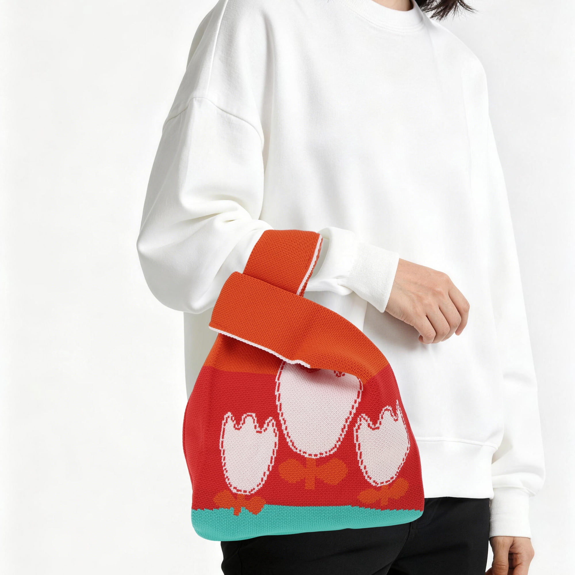 Unique Bargains Flowers Knitted Wrist Bag for Everyday Use and Special Occasions Red