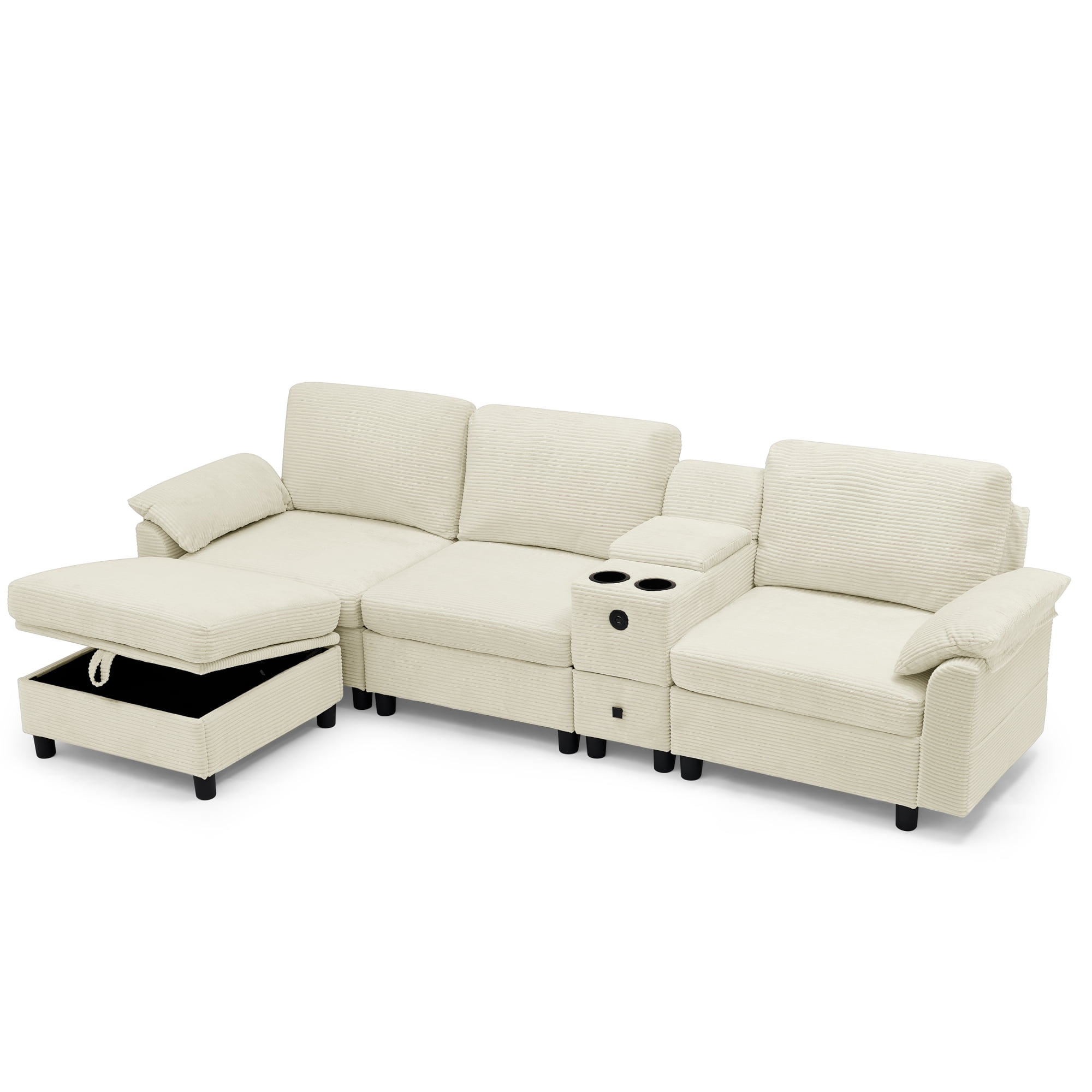 L-Shaped Sectional Sofa with Storage Ottoman and Side Storage Armrest Pockets, 3-Seater Sofa Couch with Beverage Cup Holder Central Console for Living Room Apartment