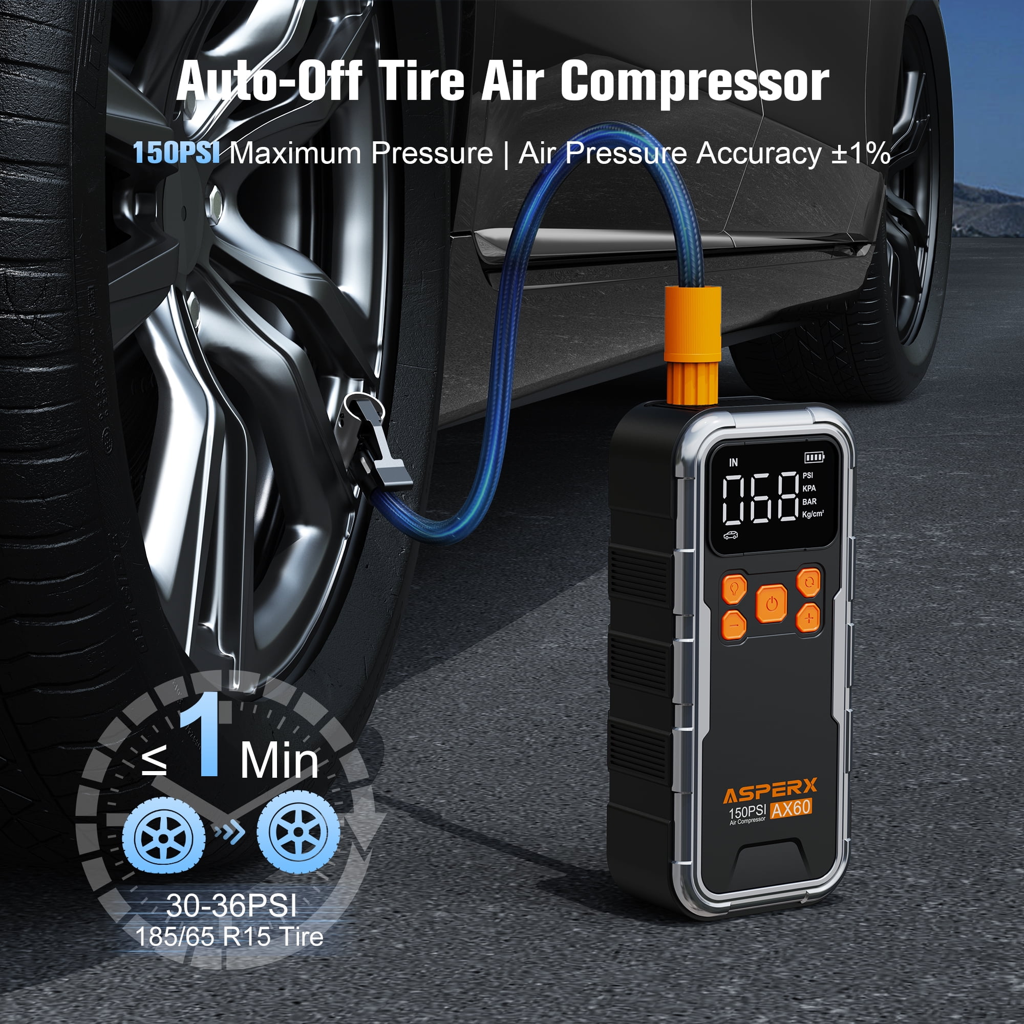 ASPERX Tire Inflator Portable Air Compressor, 150PSI Cordless Air Pump for Car Tires with Digital Gauge & Auto Shut-off – Fast Inflation for Car, Motorcycle, Bike, Ball