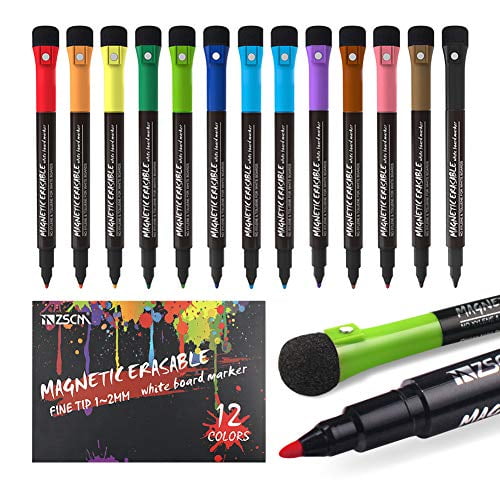Zscm 12 Colors Magnetic Fine Tip Dry Erase Markers With Erasers Low Odor Fine P 