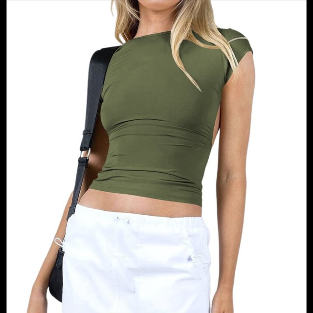 Camiseta Ajustada Sin Espalda para Mujer, de Corta, Cuello Redondo, Informal, de Verano, Estilo Y2K Verde M
