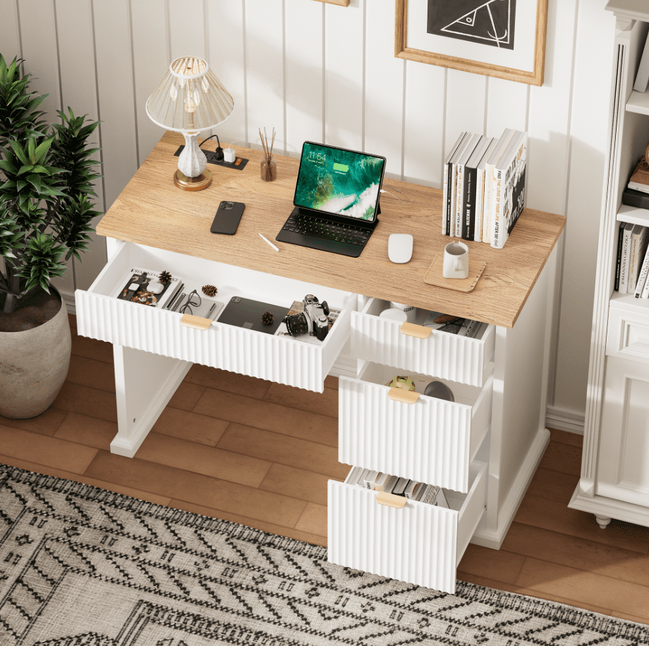 47" Farmhouse Executive Desk, Home Office Desk with Drawers and Charging Station, Wood Home Office Desk, Fluted Computer Writing Desk for Study, Living Room, Bedroom