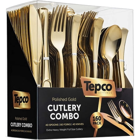160 Silverware Set - Disposable Flatware - 80 Plastic Forks, 40 Plastic Spoons, 40 Cutlery Knives - Heavy Duty for Party Bulk Pack (Gold)