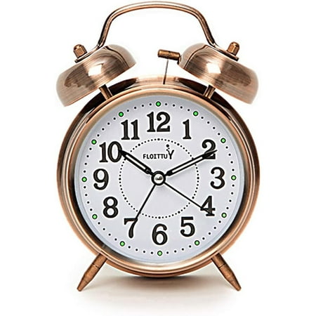 {Loud Alarm for Deep Sleepers) 4'' Twin Bell Alarm Clock with Backlight for Bedroom and Home Decoration(Red-Brown)