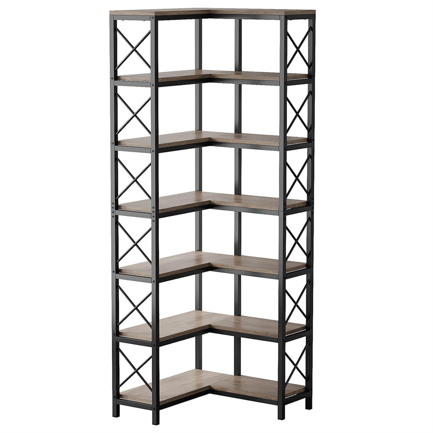 Demi Bonn 7 Tier Corner Bookshelf, Bookshelves, Open Etagere Bookcase Shelf Storage Organizer, Storage Shelving Unit for Bedroom, Living Room and Home Office, Gray