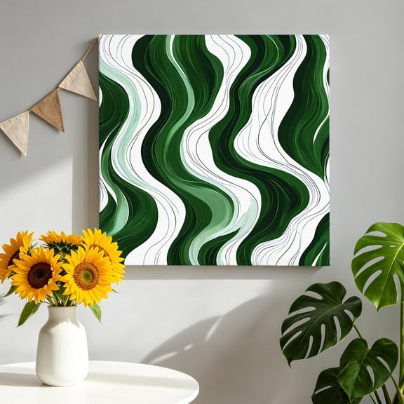 Abstract Canvas Wall Art, Wavy Lines Green and White Gradient Texture Modern Pictures Wall Decor Wooden Framed Artwork Art Prints for Living Room Hallway Bedroom Office 8"x8"