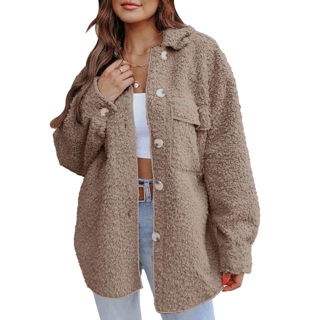 Qertyioot Womens Winter Fleece Jacket Solid Button Pocket Turndown Neck Warm Medium And Long