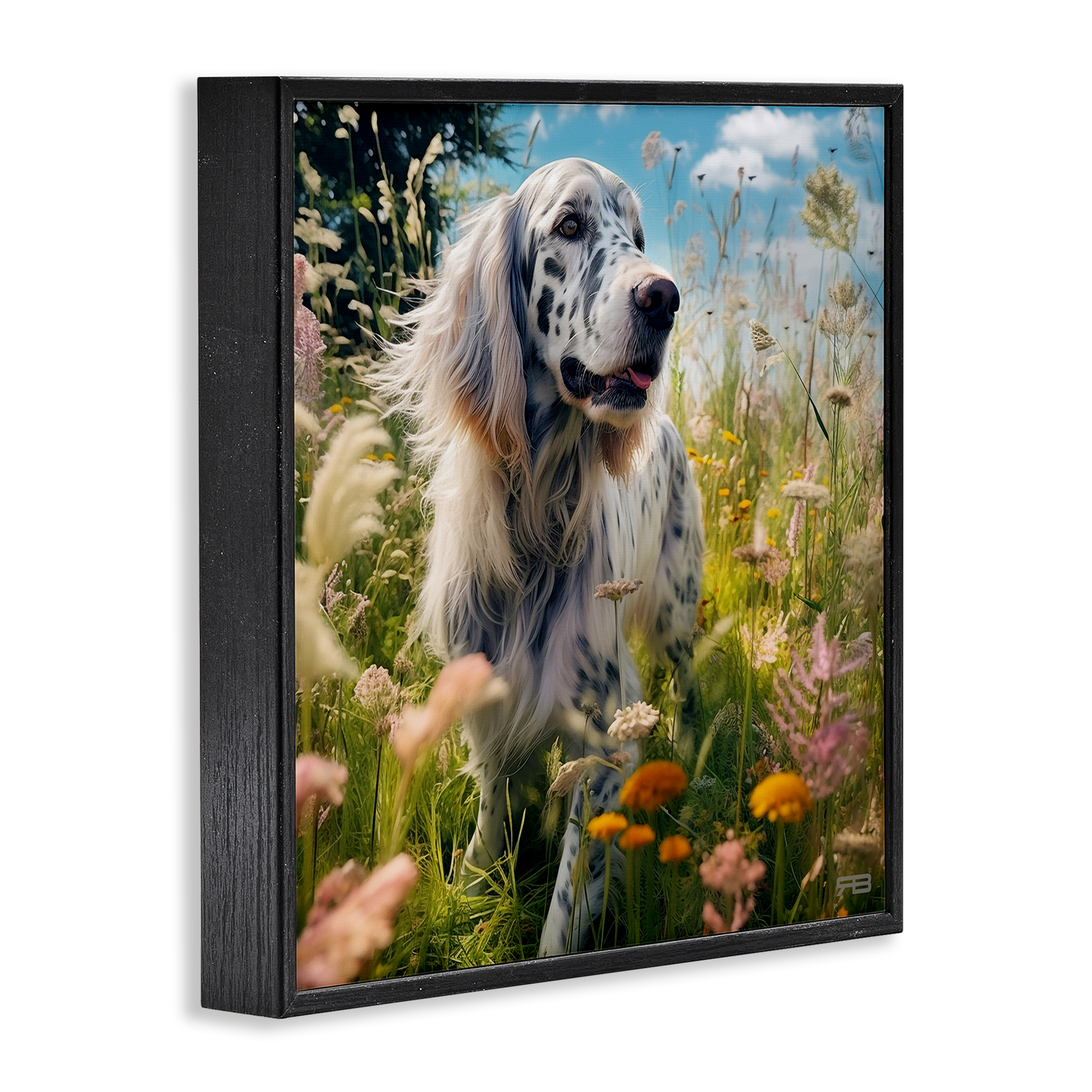 Stupell Industries Happy Dog Among Flowers Landscape Painting Black Framed Art Print Wall Art, 24 x 24