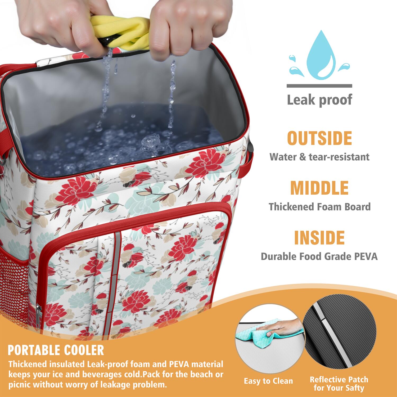 Travel Cooler Bag - Pioneer Flower Floral Print Pattern Camping Beer Cooler Backpack with Bottle Opener- Waterproof Insulated Picnic Backpacks - Cooler Bag for Beach