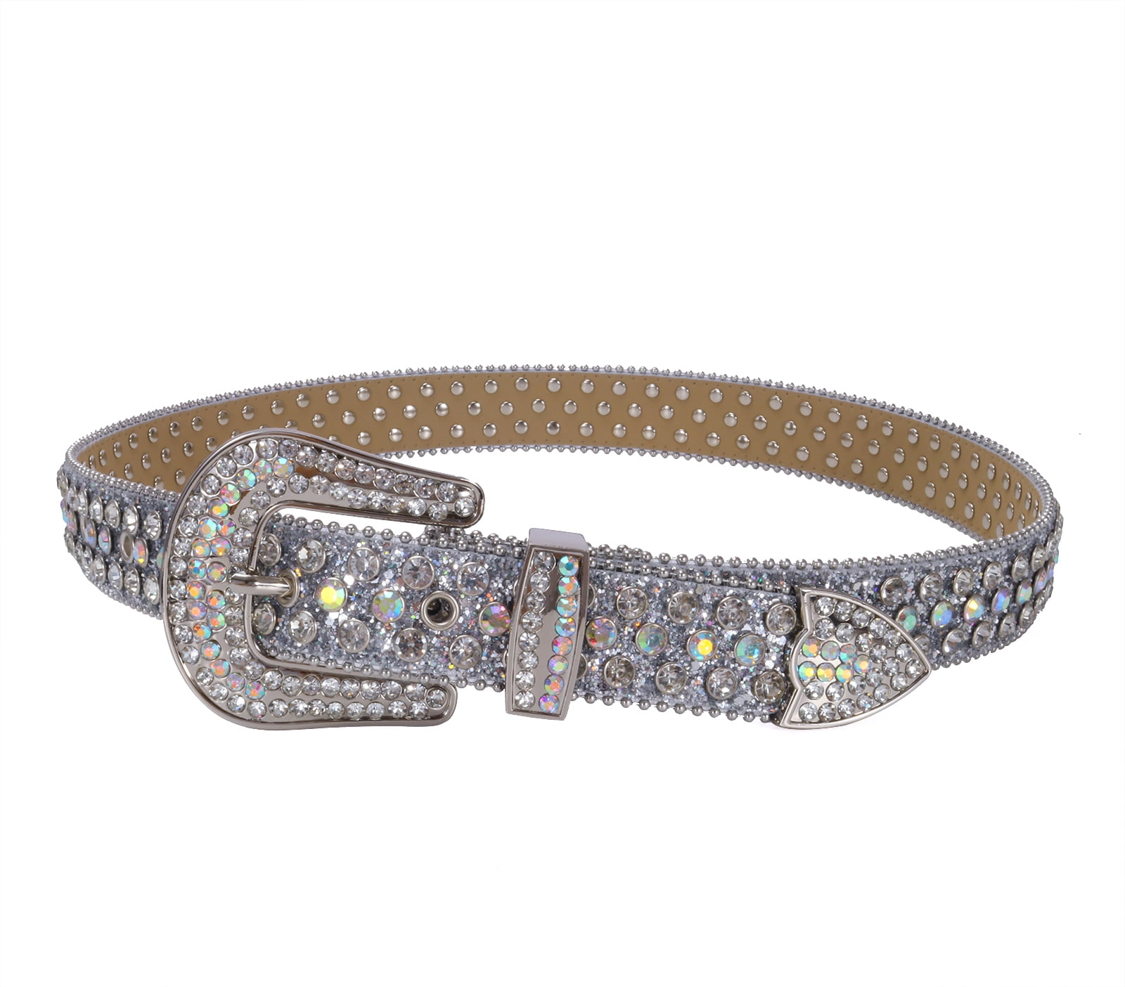Rhinestone Belt for Men Women Western Cowboy Cowgirl Bling Studded Leather Belt for Jeans Pants Silver,M(42inch)