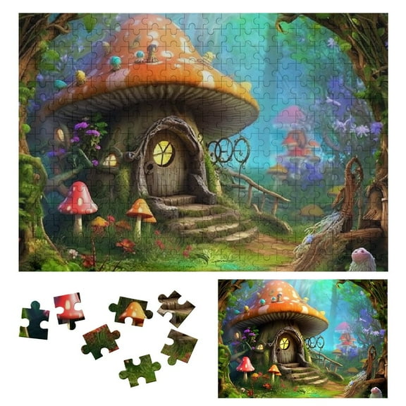 JRXY Mushroom House Fairy House Wooden Jigsaw Puzzle Gift for Family Friends 300 PCS