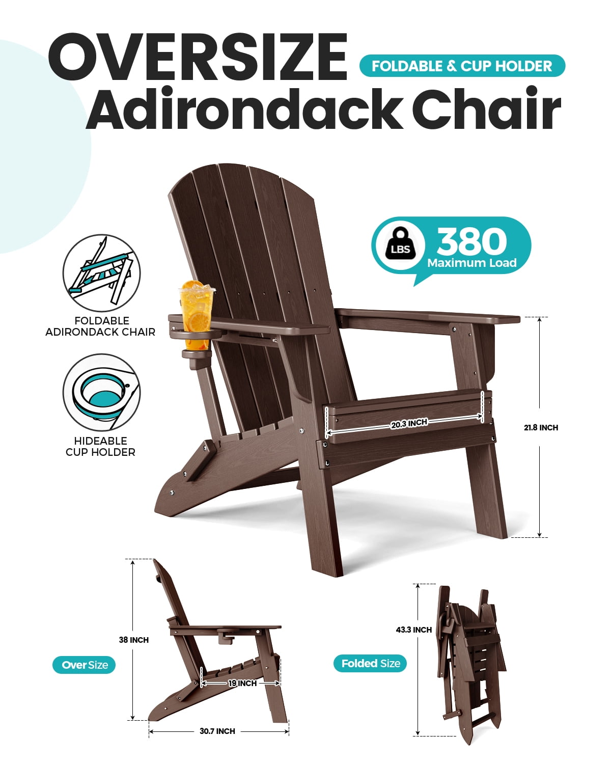 Cobiod Folding Adirondack Patio Chair with Cup Holder, HDPE All-Weather Outdoor Lounge Chair, Wood Grain Ergonomic Design, Coffee