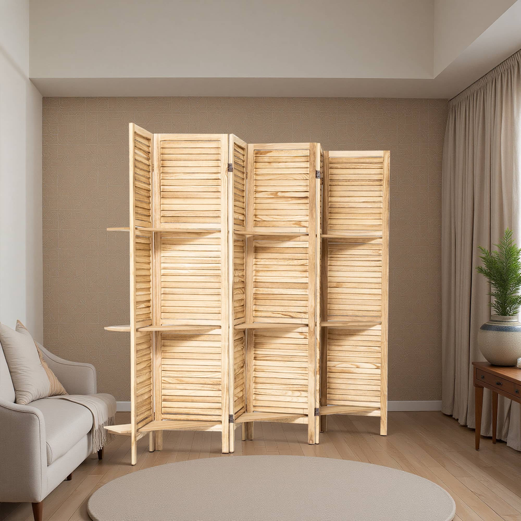 MAYEERTY 6 Panel Wood Room Divider with Display Shelves, Freestanding Privacy Screen, Natural Color