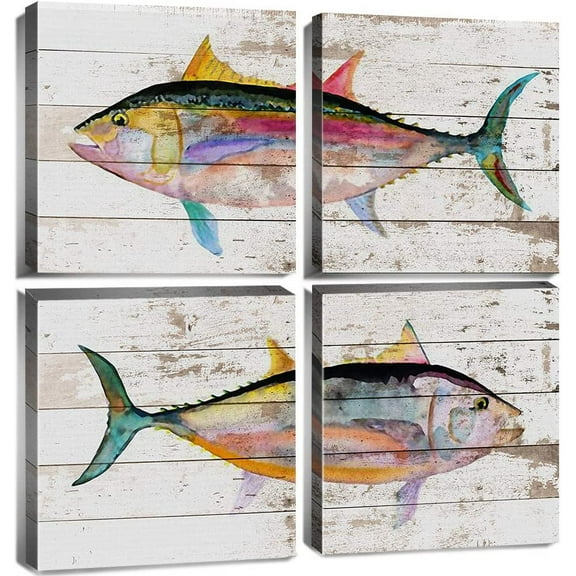 Coastal Decor Beach Tuna Fish Canvas Wall Art Kitchen Dinner Room Ocean Decor Nautical Fish Pictures Sea Animal Painting Bathroom Living Room Marine Life Artwork for Bedroom Home Decorations 16x16X4
