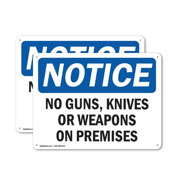 (2 Pack) No Guns Knives Or Weapons On Premises OSHA Notice Sign 14 Inch X 10 Inch Indoor / Outdoor Rust-Free Aluminum Metal Signs for Workplace, Workshop, and Construction Site, Made in