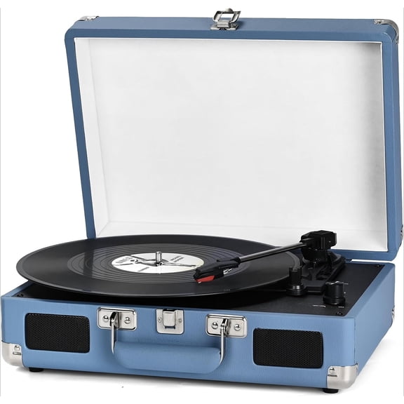 Vinyl Record Player Bluetooth Vintage Portable Suitcase Turntable with Built-in Speakers 3-Speed Belt-Driven Record Player Support RCA Output and Headphone Output
