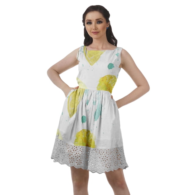 Moomaya Robe Courte de Cocktail en Dentelle, Coton Imprimé, Robe Pouf Décontractée avec Poches
